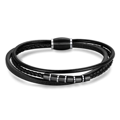 Twice As Nice Armband in edelstaal, zwart leer en mat staal 21cm