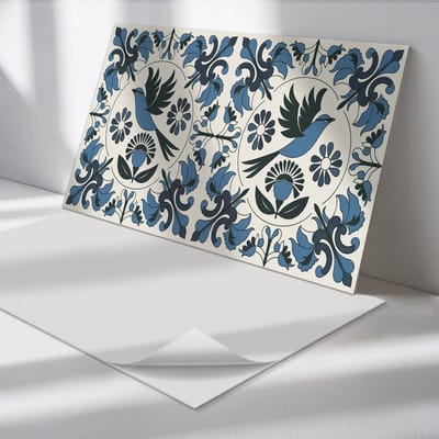 Wallfluent Vinyl Wandpaneel - Patroon met vogels en bloemen Zelfklevende Wandbekleding - 100 cm x 50 cm - Blauw Vinyl Wandpaneel - 1 stuk - Rechthoekig Wandbekleding Vinyl - Bloemen Wandpaneel - Wandpaneel PVC - Wandpaneel Keuken en Badkamer