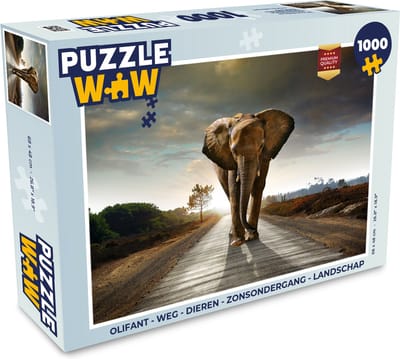 Puzzel Olifant - Weg - Dieren - Zonsondergang - Landschap - Legpuzzel - Puzzel 1000 stukjes volwassenen