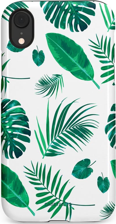 Casetastic Hoesje Geschikt voor Apple iPhone Xr - Stijlvolle Beschermende Duo-layer Case - Groene Witte Jungle Bladeren Print