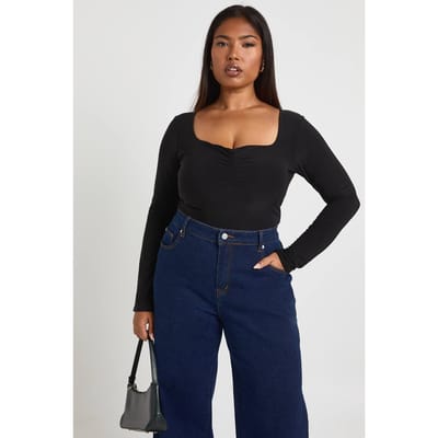 boohoo Dames Plus Lange Mouw Dubbele Laag Geraffelde Voorzijde Bodysuit | Black | Maat: 16