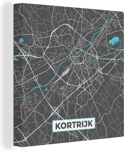 Canvas Schilderij België – Kortrijk – Stadskaart – Kaart – Blauw – Plattegrond - 20x20 cm - Wanddecoratie
