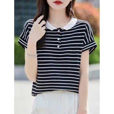 Bijgewerkt Zomers Frans Gestreept Katoenen Gebreid Kortmouwig T-shirt voor Dames Relaxte Pasvorm Niche Design POLO Top met Kleine Kraag XXL