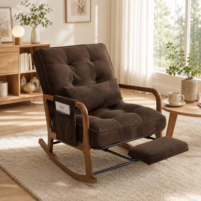 Schommelstoel - Relaxstoel - Babykamer - Fauteuil - Ergonomisch - Verstelbare rugleuning - Met zijzakken - Met voetpedaal - Met lendensteun - Houten stoelpoten - Modern design - Stof - Bruin