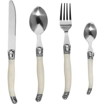 4/6/24 Stuks Laguiole Bestekset Steakmes Vork Soep Thee Lepel Ivoorwit Plastic Handvat Voedselkwaliteit Roestvrij Staal Eetgerei