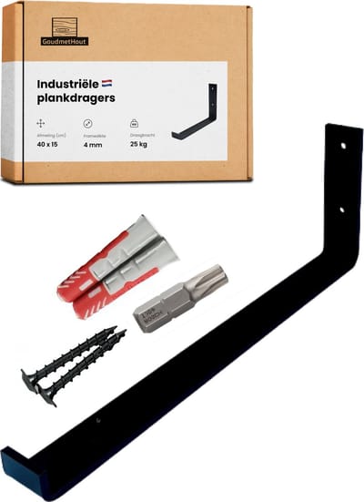 GoudmetHout® Industriële Plankdragers L-vorm UP - 40 cm - Stalen Plankdrager voor Wandschap, Muurrek of Wandconsole - Max 25 kg - 1 stuk - Mat Zwart