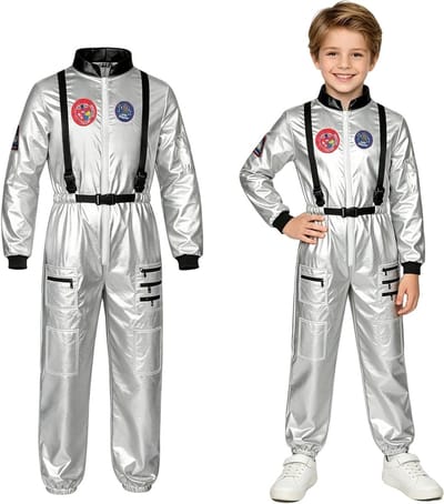 Astronautenkostuum voor kinderen, zilveren unisex ruimtevaarder outfit voor Halloween, cosplay en themafeesten (S)