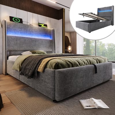 DESMIU Gestoffeerd Bed 90x200 cm - Hydraulisch Bed Met Hoog Hoofdbord, Ledverlichting En Oplaadpunt - Opbergruimte Onder Bed - Voor Slaapkamer - Linnenlook - Grijs - Zonder matras