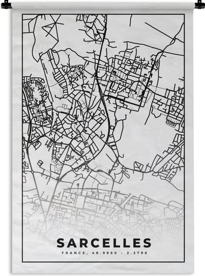 Wandkleed - Wanddoek - Kaart - Sarcelles - Frankrijk - Stadskaart - Plattegrond - Zwart wit - 120x180 cm - Wandtapijt