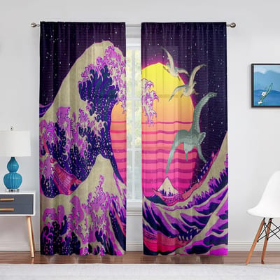 Oosterse Cultuur Handgetekende Stijl Japanse Motieven Illustratie Golf Tule Gordijnen voor Woonkamer Slaapkamer Transparant Gordijn Keuken 1 PCS W100XH250cm&Grommet Top