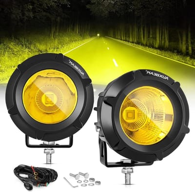 Auxbeam Amber Mistlampen, 3.5 Inch 50W Ronde Led Offroad Licht 5000LM Geel Ronde Led Pods met Kabelboom Kit, Spot Flood Combo Rijlichten voor Truck ATV UTV Motorfiets Off-Roading
