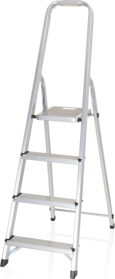 Klapladder met 4 treden en veiligheidsbeugel - aluminium - belastbaar tot 150 kg - zilver Trapladder