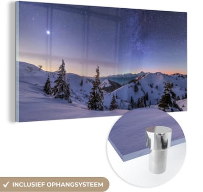 MuchoWow® Glasschilderij 40x20 cm - Schilderij acrylglas - Winter - Sneeuw - Nacht - Bomen - Foto op glas - Schilderijen