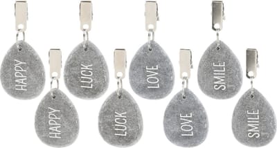 Cepewa Tafelkleed gewichten - 8x - polystone/metaal - Happy Moods teksten print - steentjes gewichten - grijs