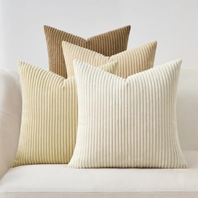 PromoHome Fluweel Kussenhoes Set 4 Stuks 50x50 cm Lichtbeige Gestreept Gradiënt Ontwerp - Zachte Corduroy Kussenhoezen voor Bank, Slaapkamer en Woonkamer