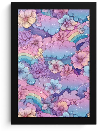 Poster in lijst - Fotolijst 20x30 cm - Posters - Regenbogen - Bloemen - Kleurrijk - Wolken - Posterlijst zwart - Decoratie - Wanddecoratie woonkamer - Muurdecoratie slaapkamer