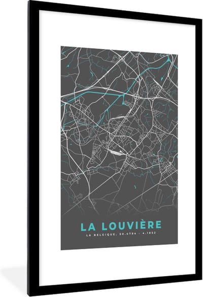 Fotolijst incl. Poster - Plattegrond – La Louvière – Blauw – Stadskaart - Kaart - 80x120 cm - Posterlijst