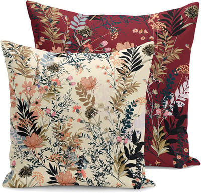 De Groen Home BLOEM - 45x45 cm - Sierkussen velvet set van 2 - Bloemen op bordeaux & beige crème - Inclusief binnenkussen