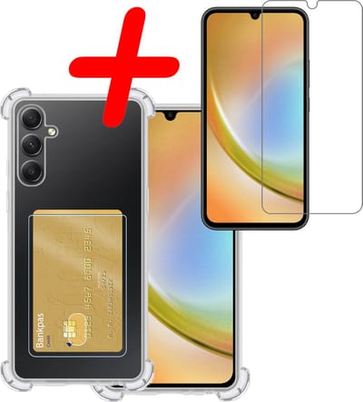 Hoesje Geschikt voor Samsung Galaxy A34 - Met Screenprotector - En Pashouder - En Kaarthouder - Telefoon Hoes Shockproof - Siliconen Case - Back Cover - Shock Proof - Pasjes Houder - Transparant