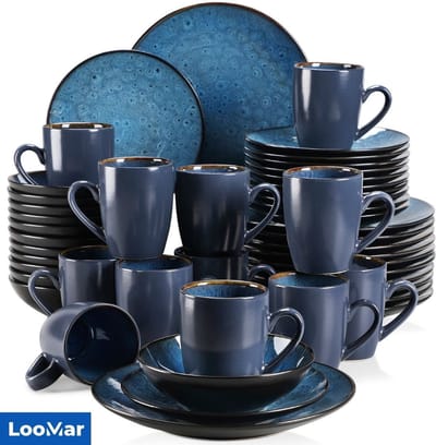 LooMar Luxe Serviesset – 48 delig – 12 persoons – Porselein - Bordenset – Dinner platen – Dessertborden - Kommen - Mokken - Set - Blauw - Bubble