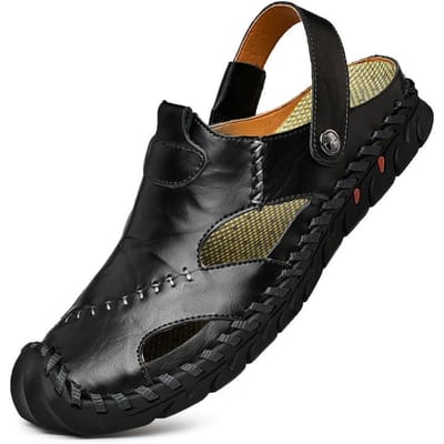 Zomer Plus Size Sandalen Authentiek Leer Teenbox Sportieve Casual Slippers Ademend Platform Buiten Anti-Slip Heren Strand Schoenen 48 black