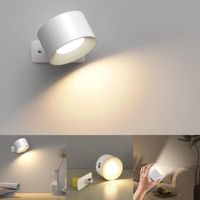 Wandlamp - Leeslamp - Dimbaar - Werkt op batterijen - Nachtlampje, Touchbediening, 3 kleurstanden, 3 helderheidsniveaus, 360° draaibare magnetische beugel, Geschikt voor woonkamer, slaapkamer, gang, Draadloze wandlamp (wit)