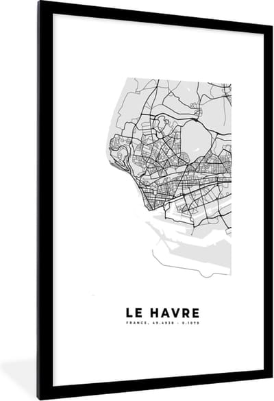 Fotolijst incl. Poster - Frankrijk - Plattegrond - Kaart - Le Havre - Stadskaart - 60x90 cm - Posterlijst