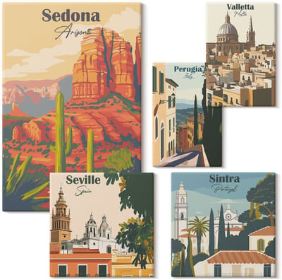 Wallfluent Set van canvas schilderijen - Toeristische landschappen van verschillende steden over de hele wereld Canvas Schilderijen Set - Set van 5 Canvas Schilderijen - Oranje Set van Canvas Prints - Steden Canvas Kunst Set