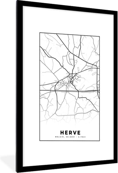 Fotolijst incl. Poster Zwart Wit- Zwart Wit – België – Plattegrond – Stadskaart – Kaart – Herve - 60x90 cm - Posterlijst