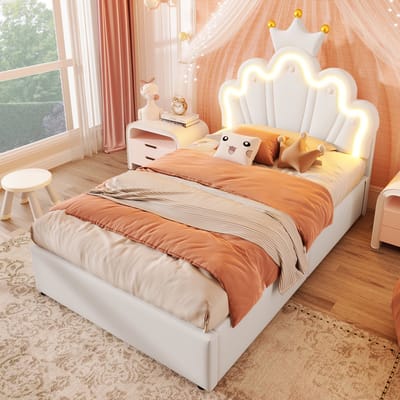 Gestoffeerd bed - 90 x 200 cm - zonder matras - met LED-verlichting - kroonprinsessenbed - verstelbaar hoofdeinde - PU - wit