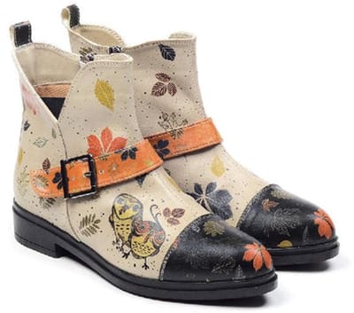 Goby Autumn Owls Dames Enkellaarsjes - Handgemaakt Vegan Leer - Maat 39