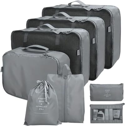 Reisopbergdozen, Koffer Organizer en Compressiezakken - 8-delige Set voor Stressvrij Reizen, Ideaal voor Vakanties en Weekendjes Weg, Donkergrijs