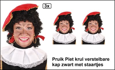 3x Pieten pruik luxe zwart met staartjes verstelbare kap - Sinterklaas feest thema feest Sint en Piet
