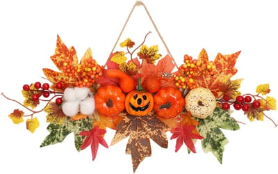 Halloween Decoratie - Halloween Pompoenkrans - Herfst Deurkrans - Herfst decoraties - Thanksgiving Krans - Binnen- en Buitendecoratie - Feestdecoratie Rekwisiet - Perfect voor Herfst- en Halloweendecoraties - Geel