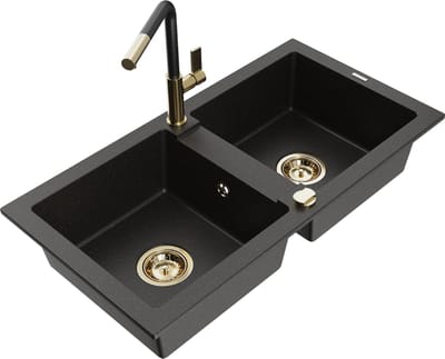 Mexen Mario granieten spoelbak met 2 koen en keukenkraan Flora, zwart/goud metallic - 6504-75-670401-57-G