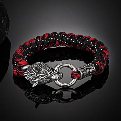 Retro Noorse Odin's Wolf Survival Armbanden Heren Viking Geri&Freki Roestvrijstalen Paracord Touw Armbanden Handgemaakte Outdoor Sieraden 23cm black