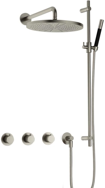Hotbath Cobber IBS70 inbouw regendoucheset met staafhanddouche aan glijstang en 30cm ronde hoofddouche aan 40cm wandarm geborsteld nikkel