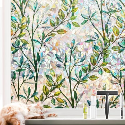Privacy folie raam - Transparant - 30 x 200 cm - Niet-zelfklevend 3D Regenboog Bladerpatroon - Voor Gladde Glasoppervlakken