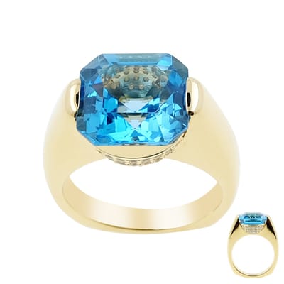 Cavill - Luxe Dames Ring 925 Sterling Zilver Geelverguld - 6,525 ct Achtkant Asscher Marambaia Blauwe Topaas met Zirkonen - Elegant & Klassiek Sieraad