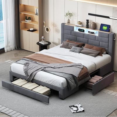 Tweepersoonsbed met Opbergruimte 140x200 - Gestoffeerd Bedframe met USB-oplaadpunt in Hoofdeinde en Lattenbodem