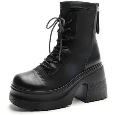 Echt Leer 10cm Hoge Hak Korte Dameslaarzen Mode Vetersluiting Punkstijl Schoenen Nieuwe Herfst Winter Dames Enkellaarsjes 39