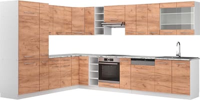 Vicco Hoekkeuken Fame-Line, Goudkleurig Eiken/Wit, 347 x 257 cm, WB Marmer
