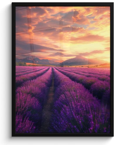 Poster in lijst - Fotolijst 50x70 cm - Posters - Lavendelveld - Zonsondergang - Paars - Posterlijst zwart - Decoratie - Wanddecoratie woonkamer - Muurdecoratie slaapkamer