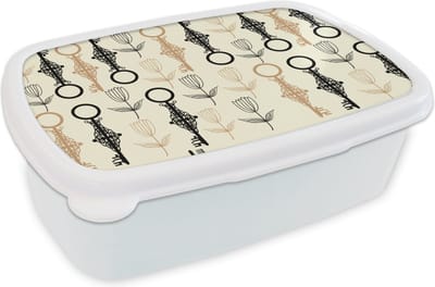Broodtrommel Wit - Lunchbox - Brooddoos - Sleutel - Goud - Bloemen - Patronen - 18x12x6 cm - Volwassenen