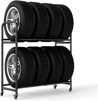 Bandenopslagrek voor 8 banden – 2 laags verstelbaar bandenrek – in hoogte verstelbare bandenstandaard – ruimtebesparend rek voor garage, kelder en werkplaats – 63–108 x 39 x 112 cm