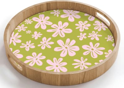 Dienblad rond 40x40 cm - Schootdienblad hout - Bloemen - Roze - Getekend - Patroon - Borrelplank rechthoek - Plateau houten dienbladen