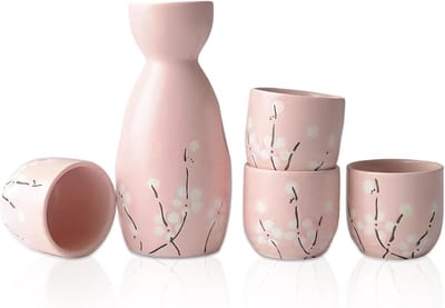 Sake Set - 5 Piece Hand Painted - Japanese Cherry Blossom - Cup - Warm Wine Jar - Traditionele Leaks - Wijn Glazen - Ambachten - Cadeau (Roze)