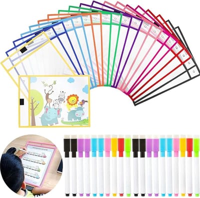 Set van 40 Herbruikbare Drooguitwisbare Tassen met 20 A4 Plastic Beschermhoezen en 20 Uitwisbare Stiften voor School, Kantoor en Creatieve Activiteiten
