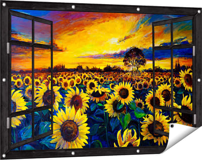 Gards Tuinposter Doorkijk Getekende Zonnebloemen Veld met Olieverf - 120x80 cm - Tuindoek - Tuindecoratie - Wanddecoratie buiten - Tuinschilderij