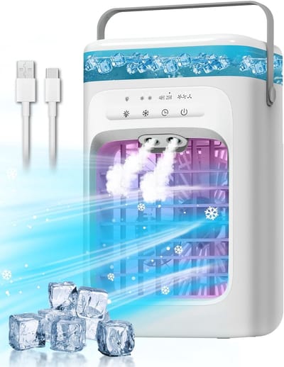 Draagbare airconditioner met ventilator - Mini verdampingsairconditioner - Beschikt over 3 windsnelheden en 2 nevelstanden - Geschikt voor slaapkamers, kantoren, woningen en campings - Wit - 178*147*295 mm